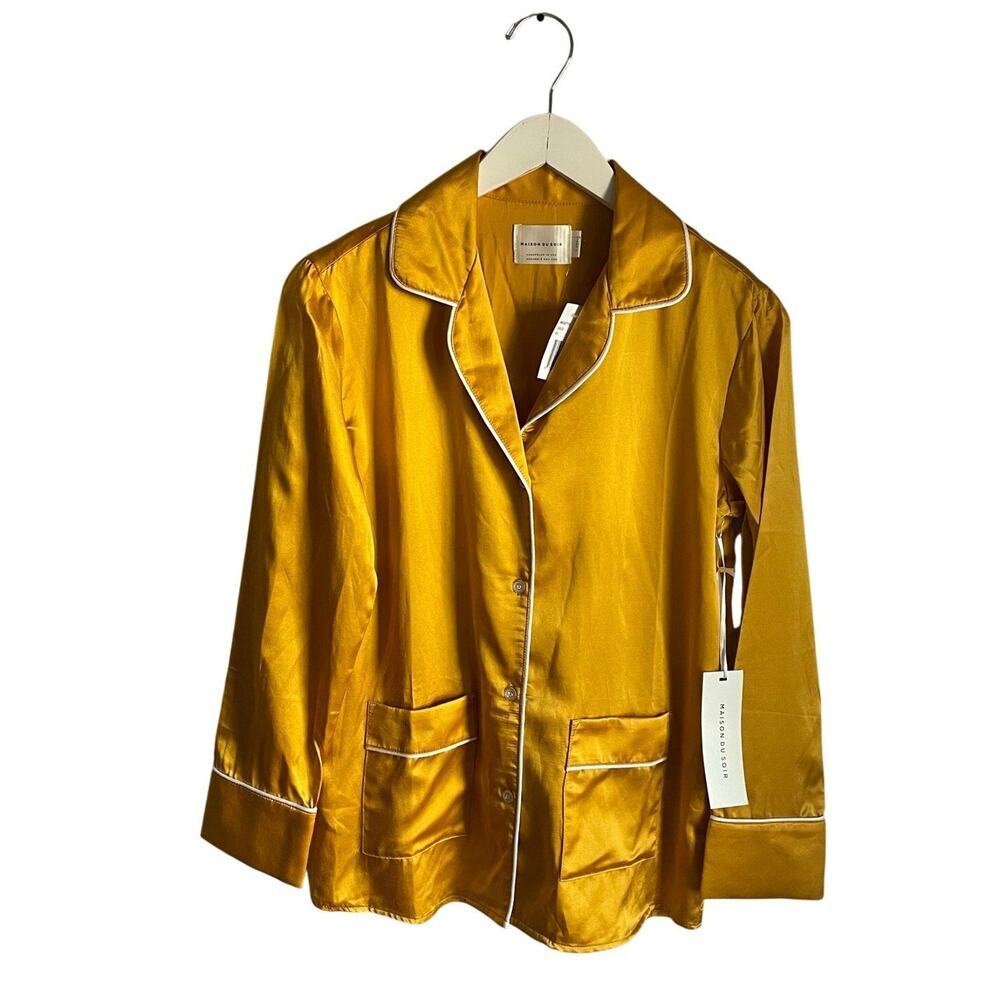 Maison Du Soir Gold Silk/Cotton Blend Button Down Pajama Top Blouse XS